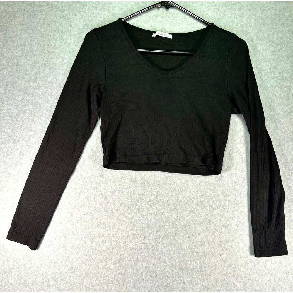Addax Crop Top Women's Large Black Ribbed Knit Casual Long Sleeve Deep V Neck
